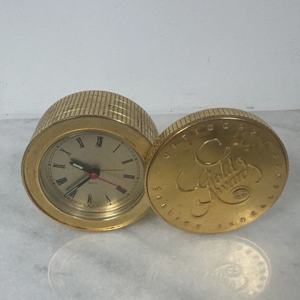 Vintage Swivel Case Quartz Desk Clock Gold Tone Metal Case (not working)